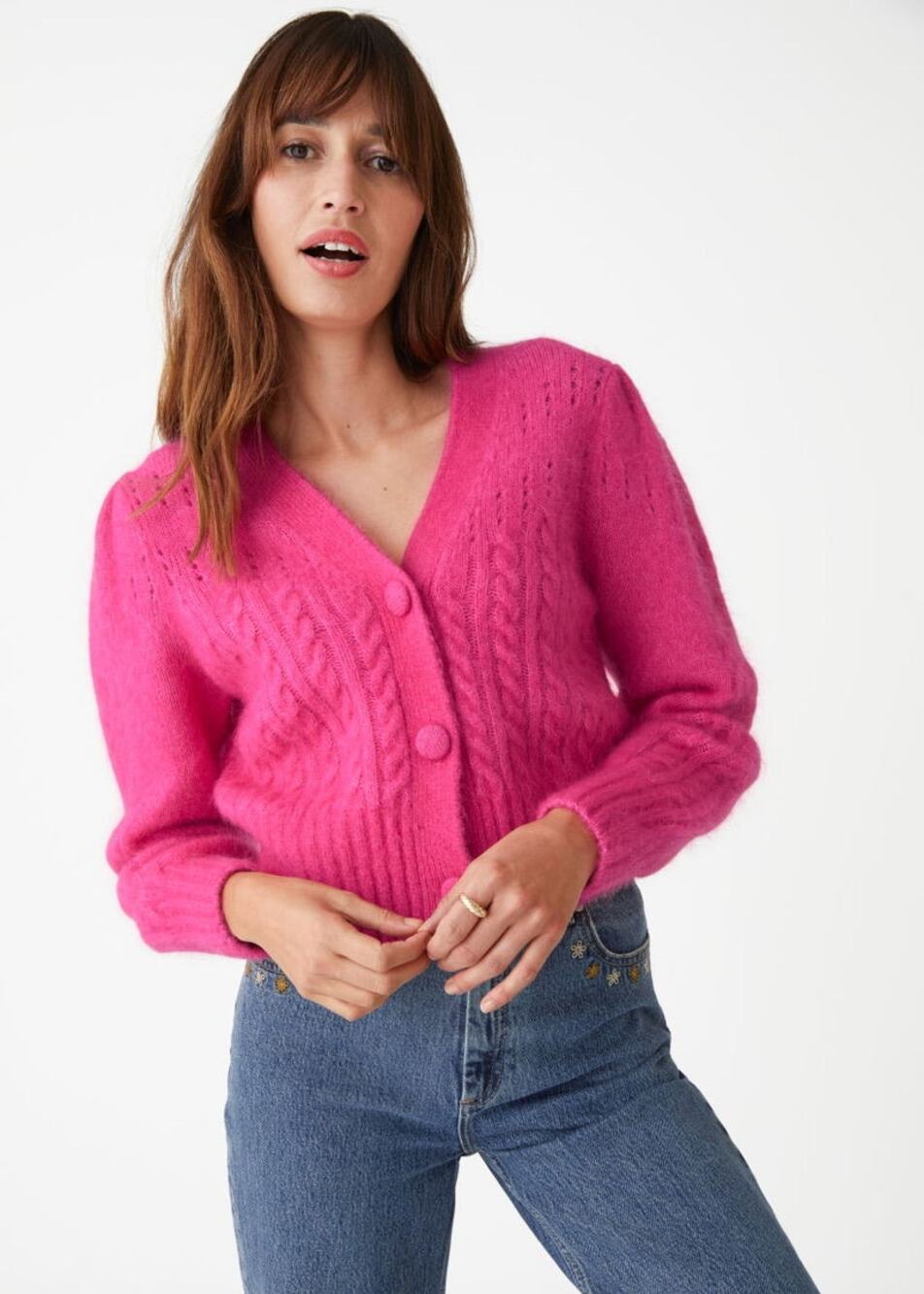 Paris Atelier &‎ Other Stories bright pink cable knit cardigan Wool Mohair small